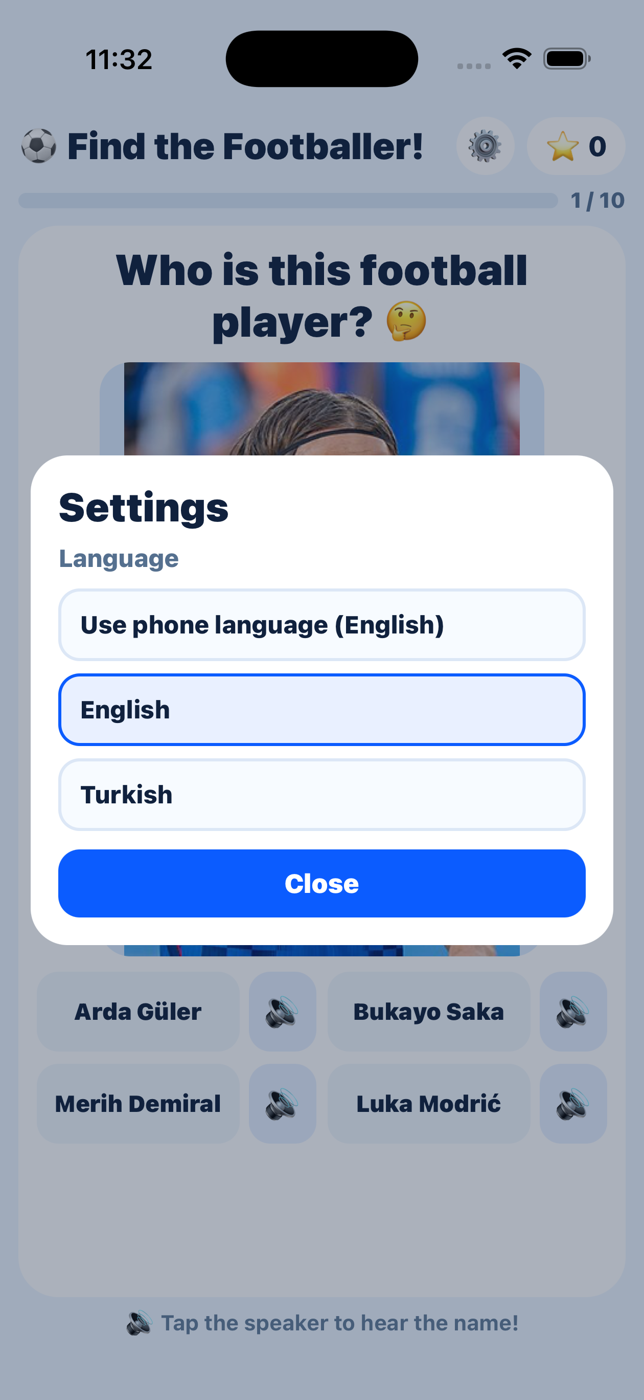 Language settings screen